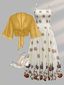 Damen Mode elegantes Blumenmuster Kleid Chiffon Oberbekleidung elegantes 2-teiliges Set Strandurlaub 2-teiliges Set romantisch lässig Teegesellschaft Outfit Sommer - Retro-Gelb - View 2