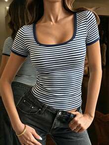 Women's Minimalist Retro Striped Short Sleeve T-Shirt - Multicolor - View 10