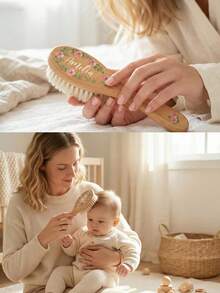 Personalized Name 3-In-1 Hair Brush & Comb Set With Floral Patterns. Natural Beech Wood Grooming Kit, 1/3pcs Brush&Comb, Baby Shower Gift For Newborns. - Multicolor - View 10