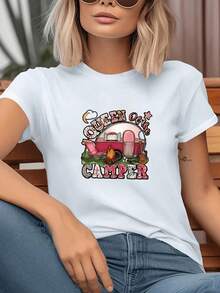 Camiseta de mujer, estilo "Reina del Camping", Reina del Campista Camping RV Guitarra Estrella, Atm l al e , Estampado de diseo creativo, Retro elegante y de moda, Ca... - Blanco - Ver 2