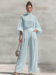 Women's Jumpsuit Romantic Date Night High Neck Long Sleeve Puff Sleeve Wide Leg Belted Waist Silky For Anniversary Valentine's Dinner Lavender - 天藍色 - 查看 1