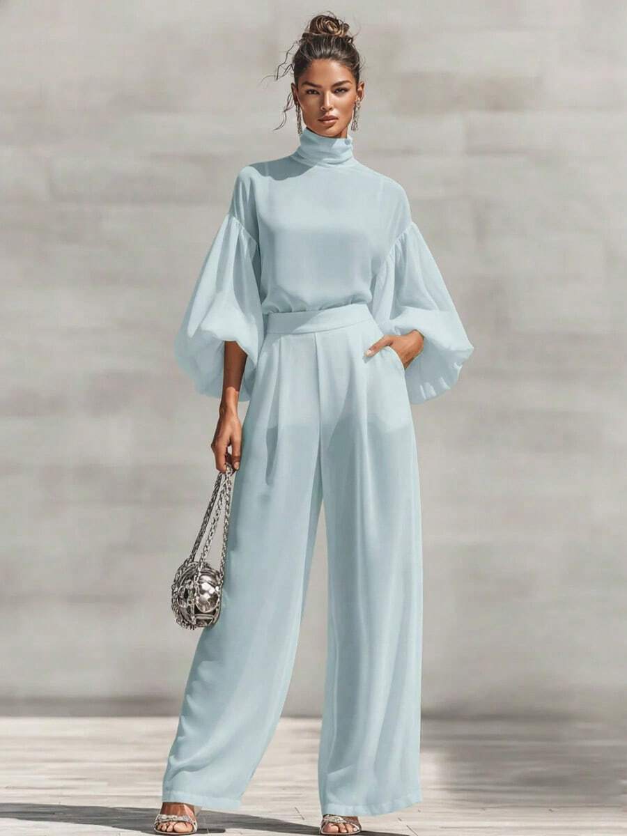 Women's Jumpsuit Romantic Date Night High Neck Long Sleeve Puff Sleeve Wide Leg Belted Waist Silky For Anniversary Valentine's Dinner Lavender - 天藍色 - 查看 1