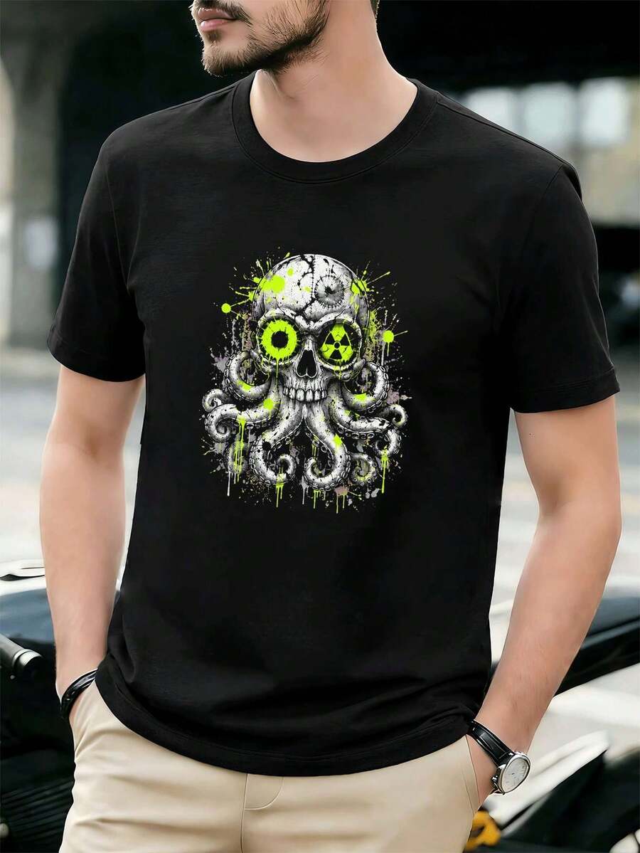 Men's Skull and Octopus Graphic T-Shirt, 100% Cotton, Relaxed Fit, Casual, Unique Graphic Print - Preto - Ver 1