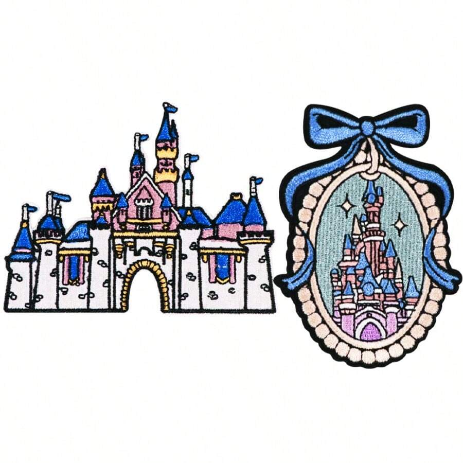 1pc Dream Princess Castle Embroidery Patch, Blue Bow Fairy Tale Castle Iron-On Patch, Jacket Bag Embroidery Label - B - View 1
