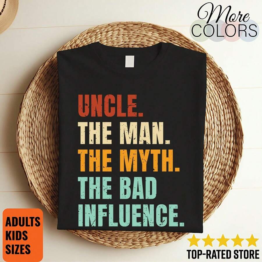 Camiseta divertida "Tío, el hombre, el mito, la mala influencia", el mejor regalo para tíos, camiseta de humor, regalo familiar, camiseta de cumpleaños para tíos. - Negro - Ver 1