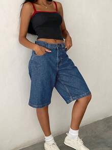 Women's Knee Length Denim Shorts Loose Solid Color Low Rise Wide Leg Long Shorts With Pockets For Summer - Azul oscuro - Ver 2