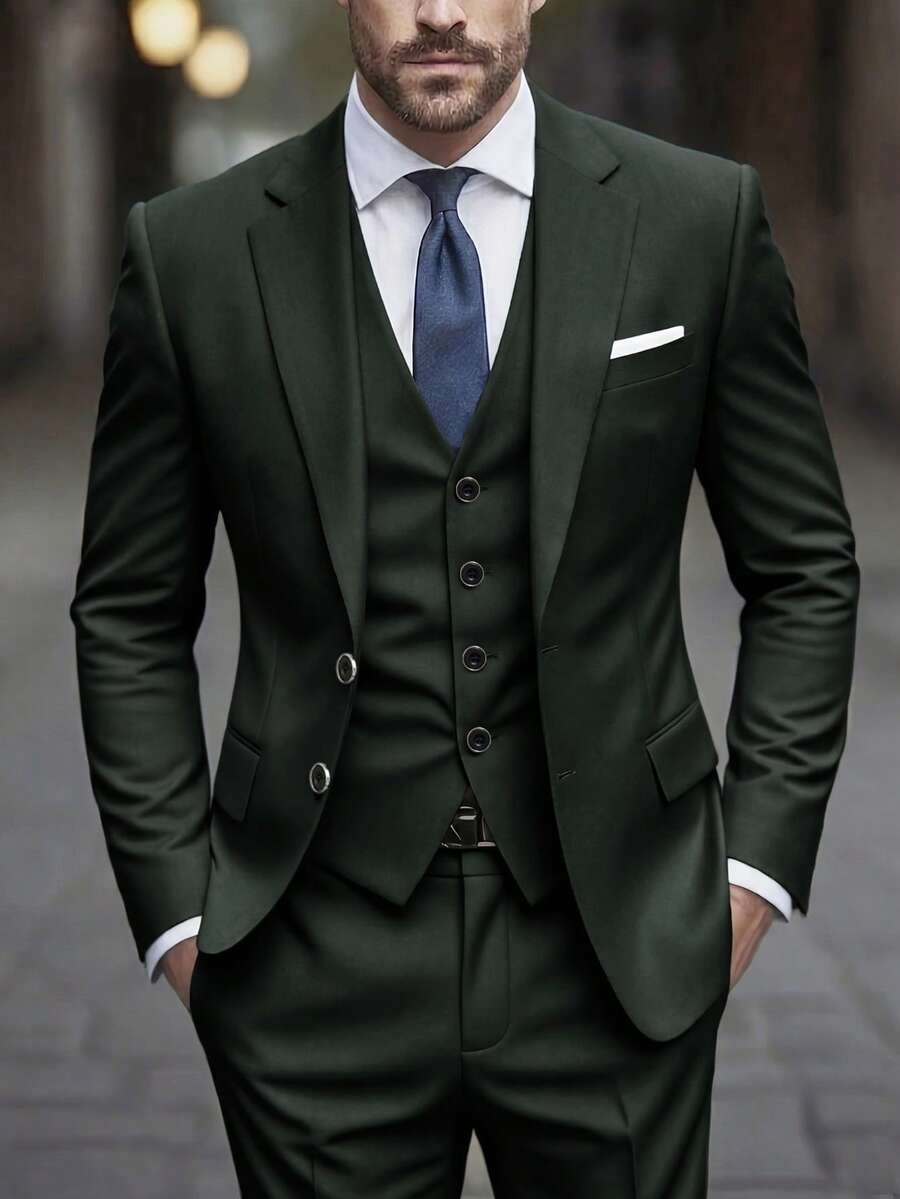 Setelan Jas Pria 3 Potong, Terdiri dari Blazer, Celana Panjang, dan Rompi, Pakaian Formal Modis untuk Pernikahan dan Pesta - Dark Green - View 1
