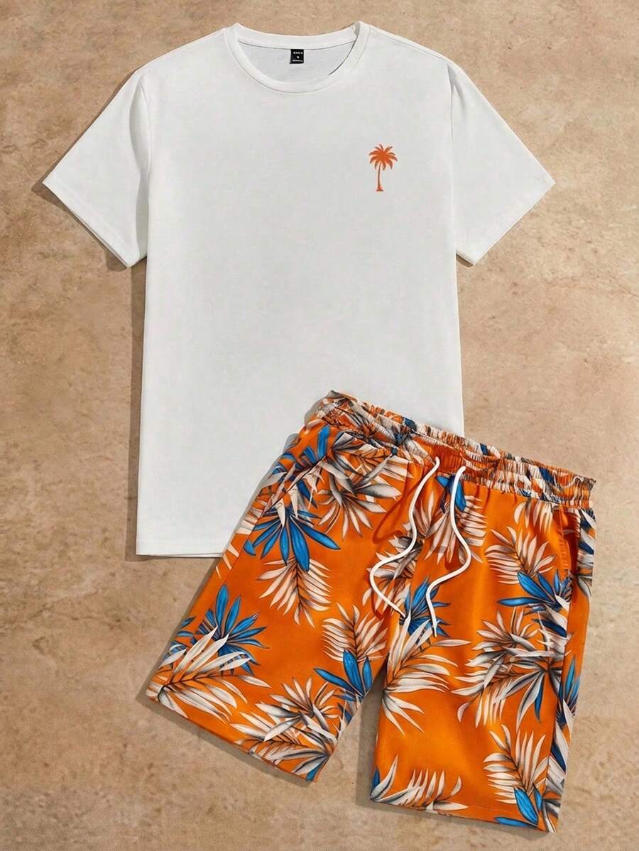 1 Piece Manfinity RebelGame Men's Palm Tree Print Short Sleeve T-Shirt And Knit Shorts 2-Piece Casual Set - 彩色 - 查看 1