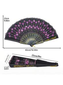 1pc Forever & Moment Elegant Colorful Embroidered Floral Pattern Sequin Fabric Folding Hand Fan, Suitable For Group Dance, Wedding And Festival - Multicolor - View 4