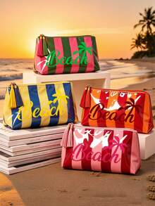 Colorful Striped Tassel Zipper Palm Tree Print Waterproof PVC Makeup Bag, Portable Travel Cosmetic Storage Bag, Multi-Functional Toiletry Bag, Perfect For Beach, Swimming Pool, Cruise And Holiday Essentials, Suitable For Summer Lovers, Unique Teacher's Day Gift, Birthday Gift, Holiday Gift, Party Gift, Vacation Gift, Back To School Gift - Multicolor - View 3