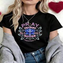 Pray On It Graphic T-Shirt, 100% Cotton Oversized Soft Breathable Casual Crewneck Short Sleeve Top, Aesthetic Spiritual Motivational Tee For Women & Faith Lovers - Negro - Ver 19