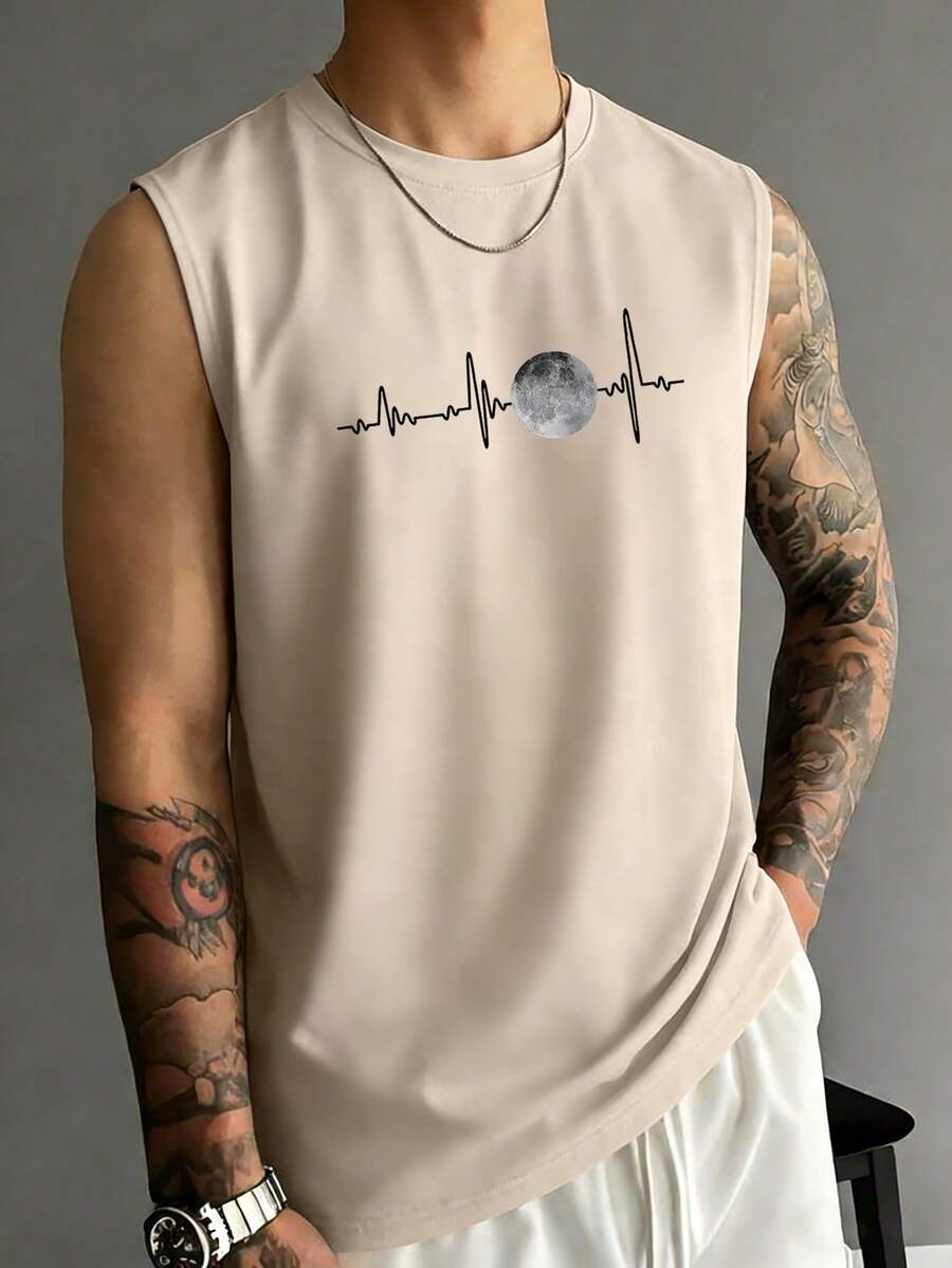Camiseta de tirantes de cuello redondo con estampado de línea de latido del corazón, versátil y casual para hombre, verano - Albaricoque - Ver 1