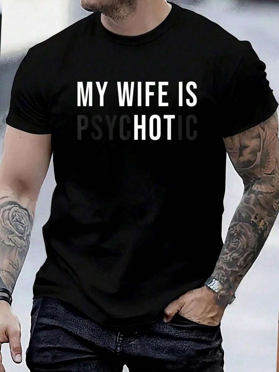 100% Cotton T-Shirt With Graphic Print 'My Wife Is Sexy And Psychotic', Sarcastic Adult Humor, For Men And Women, Casual Style, Short Sleeve Q2G3 - 黑色 - 查看 1