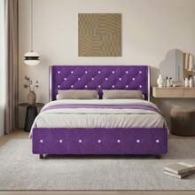 Twin/ Full/ Queen/ King Size Bed Frame, Upholstered Bed Frame With Diamond Headboard And Footboard, No Box Spring Needed With Wood Slat Support, Easy Assembly, Twin Bed Frame/  Full Bed Frame/ King Bed Frame, Black/ Pink/ White/ Purple/ Blue/ Green - 紫色 - 查看 1