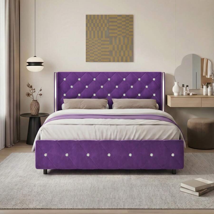 Twin/ Full/ Queen/ King Size Bed Frame, Upholstered Bed Frame With Diamond Headboard And Footboard, No Box Spring Needed With Wood Slat Support, Easy Assembly, Twin Bed Frame/ Full Bed Frame/ King Bed Frame, Black/ Pink/ White/ Purple/ Blue/ Green - 紫色 - 查看 1