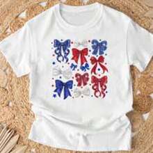 White T-Shirt For Toddlers With Patriotic 4th Of July Print, Casual, Short Sleeve, , Kindergarten Graduation, 4th Of July Girls, Children's Items, Clothing - 紅白色 - 查看 1