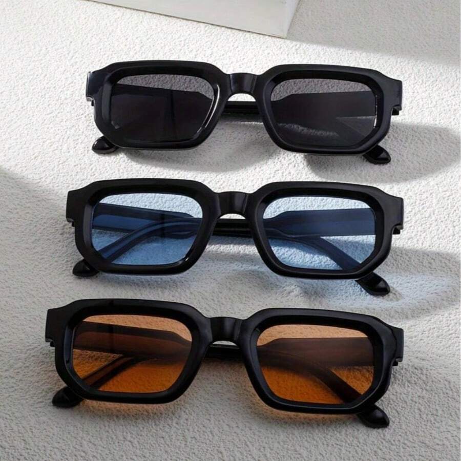 Unisex Retro Thick-Rimmed Small Square Frame Glasses, Available As Single Pair Or 3-Color Set, Glossy Black Thick Frame With Multi-Color Translucent Lenses, American Street Style Daily Outfit Accessory - 橘色片+藍光片+黑灰片 - 查看 1