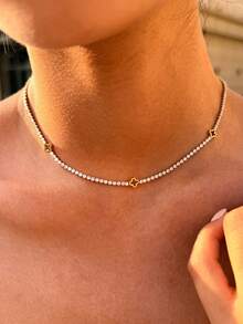 1pc 18K Gold Plated Zirconia Stainless Steel Necklace, Women's Jewelry Accessory, Suitable For Daily Wear And Dating - Gold - View 4