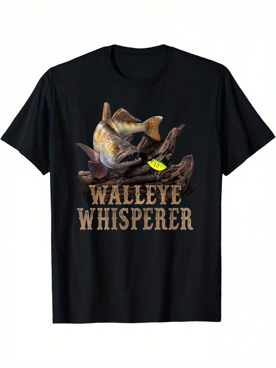 stampado de pez walleye - Señuelo de pesca Walleye Whisperer, camiseta informal para actividades al aire libre - Ajuste perfecto para pescadores, ropa de pesca para primavera, verano y otoño - Negro - Ver 1