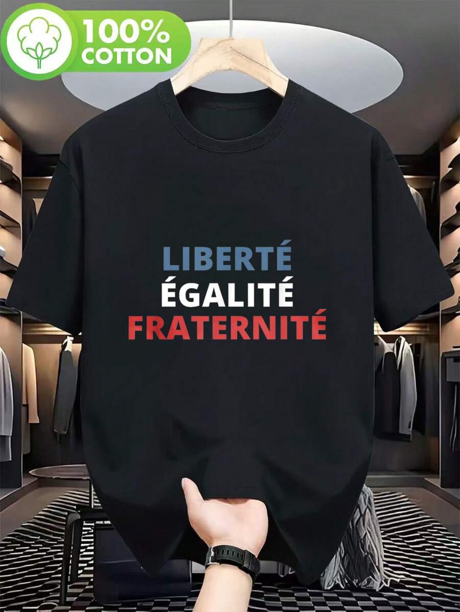 Camiseta Libertad e Igualdad Fraternidad, Día de la Bastilla Francia, Camiseta Certificada 100% Igualdad, Camiseta Gruesa de 180g para Hombre, Cuello Redondo Negro, Versión Regular Tallas S-2XL - Negro - Ver 1