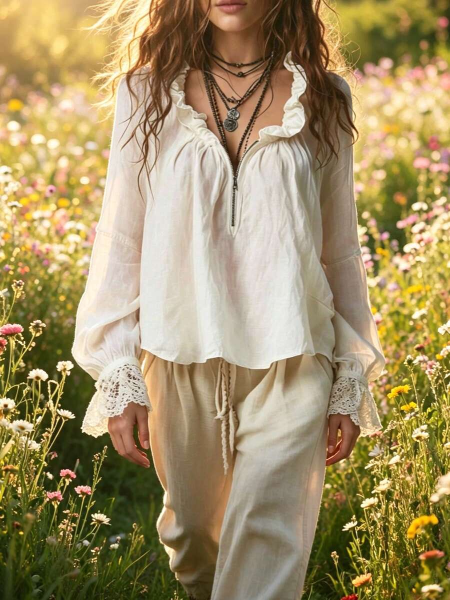 Women's Classic Ruffle Trim Zip V-Neck Long Flare Sleeve Blouse, Suitable For Spring And Autumn White
