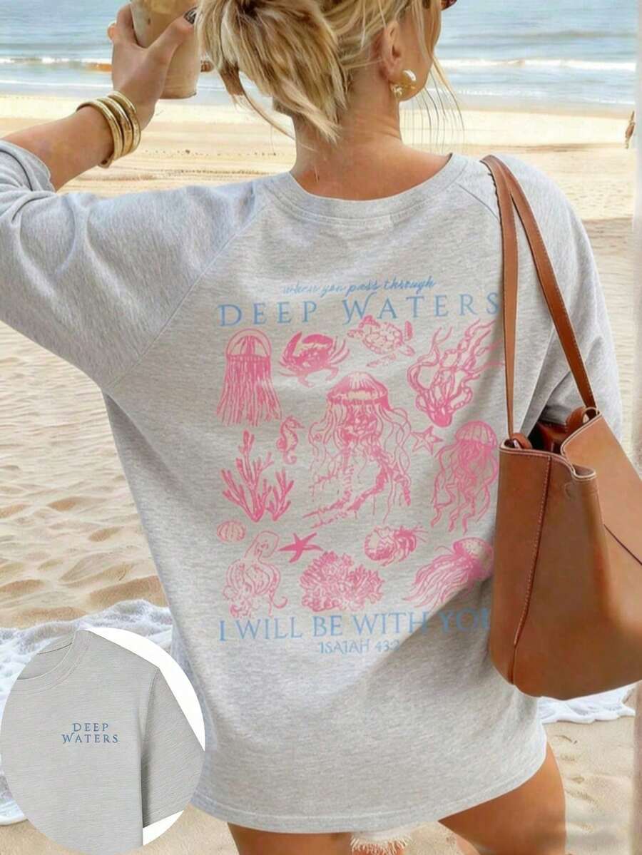 Casual T-Shirt 2026 Marine Animal Print Jellyfish Coral And Phrase Deep Waters Short Sleeve Beach Style Clothing Unisex - 淺灰色 - 查看 1