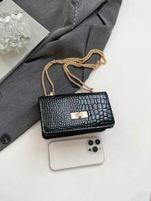 1pc Women's Stylish Patent Leather Glossy Chain Strap Bag, Fashionable Textured Stone Pattern Casual Shoulder Crossbody Small Square Bag - Black - View 6