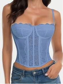 Women's Lace Corset Top, For Going Out To Parties Or Clubs, With Buckle. - 藍色 - 查看 1