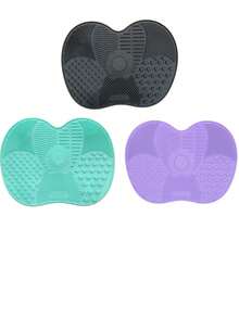 Silicone Makeup Brush Cleaning Mat With Suction Cup, Portable Makeup Brush Cleaning Tool, Apple-Shaped Silicone Makeup Brush Cleaning Pad - 3 件(紫色,黑色和薄荷綠) - 查看 1