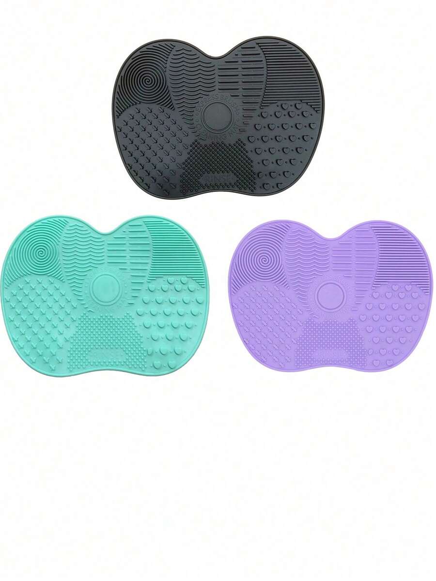 Silicone Makeup Brush Cleaning Mat With Suction Cup, Portable Makeup Brush Cleaning Tool, Apple-Shaped Silicone Makeup Brush Cleaning Pad - 3 件(紫色,黑色和薄荷綠) - 查看 1