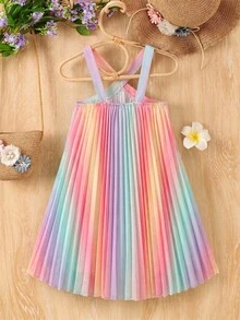 Young Girl' Rainbow Color Pleated Strap Fashion Dress - Multicolor - View 2