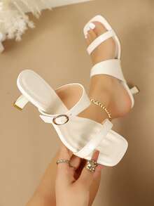 Summer New Double Strap Metal Buckle Square Toe Stiletto Heel Sandals, Casual Daily Wear Home Slouchy Style Comfortable Relaxed Black High Heel Sandals, White High Heel Sandals, Beige High Heel Sandals - White - View 1