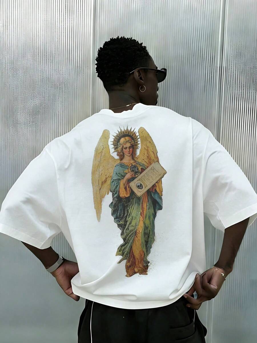 Camiseta de manga corta holgada de estilo casual, rock y hip hop para hombre Fractyr| Impresión de Ángel| Diseño Exquisito| Imprescindible para Primavera/Verano| Estilo Básico, Retro y Versá - Blanco - Ver 1