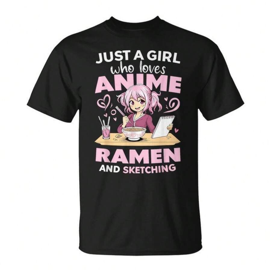 Camisetas para hombre, Camiseta con estampado de "Solo una chica que ama el anime, el ramen y los bocetos de anime", Ropa para hombre, Camisetas para hombre, Camisetas de manga corta para ho - Negro - Ver 1