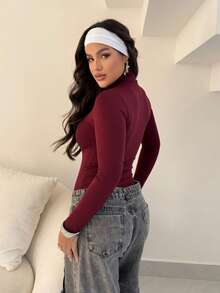 Women's Bodysuit Kit, High Neck, Long Sleeve, Second Skin, Basic, Versatile, Fashion Blogger Style, - 酒紅色 - View 4