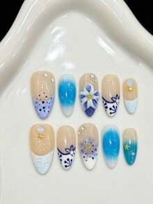 10PCS Almond Handmade Press On Nails For Party And Daily Wear, Blue Nails,Ocean Style 3D Flower Blush Ombre Almond Sculpted Handmade Press On Nails,Easy To Wear,Summer Nail,Shining Bright,Suitable For Girls And Women Festivals Parties And Daily Wear - Blue - View 9