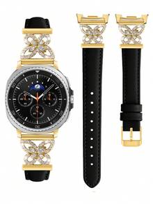 Galaxy Watch 8 手錶錶帶，1件金色女士珠寶鑲嵌立方鋯石金屬優雅錶帶 + 1件亮面款式（不含螢幕保護貼）。相容 Galaxy Watch 8 40mm 與 44mm 錶殼，Galaxy Watch 8 錶帶，可調節替換錶帶配件。適用於男女運動手錶錶帶 - 黑色金扣雙 - 查看 3