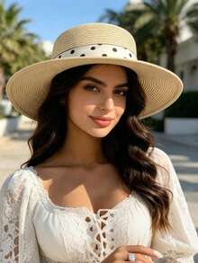 1 Elegant Polka Dot Straw Hat, Suitable For Spring And Summer Wear. Suitable For Outdoor Activities, Beaches, Travel, And Vacations. Features Sun Prot - J - View 4