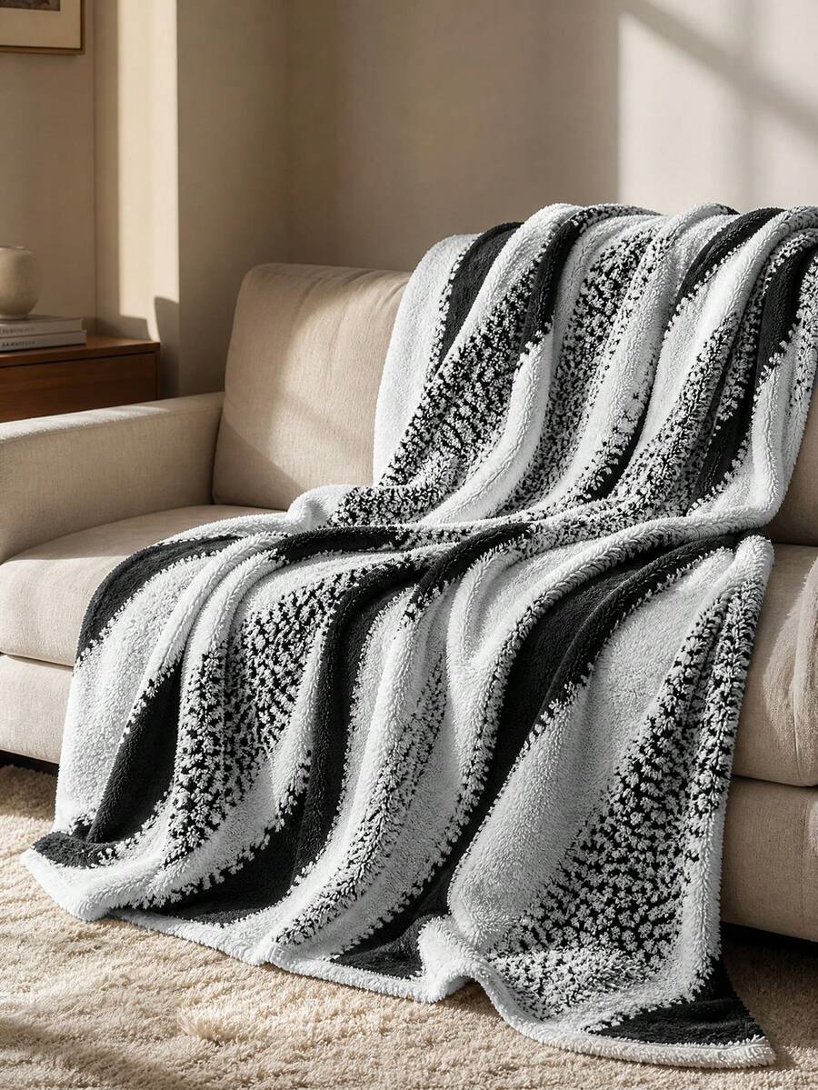 1pc Taffeta Striped Pattern Blanket, Warm, Soft And Comfortable Throw Blanket For Home Dehttps://Img.Ltwebstatic.Com/V4/J/Spmp/2026/06/04/13/1780cor, Suitable For Bed, Sofa, Office, Room, Dorm, Machine Washable, Suitable For Spring, Summer And Autumn - Black - View 1