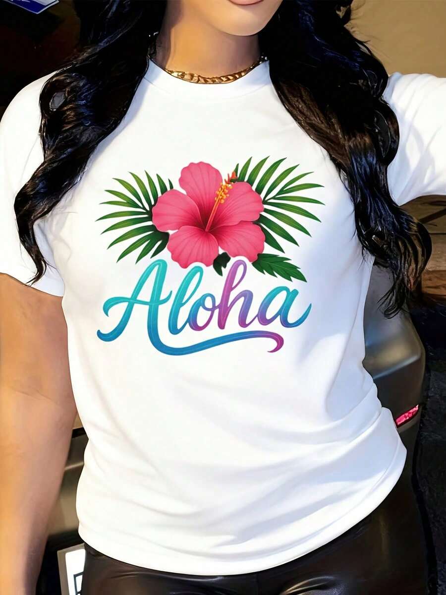 Aloha T-Shirt, Hawaiian Floral Print T-Shirt, Tropical Vacation T-Shirt, Beach Style T-Shirt, Summer Palm Tree T-Shirt, Cute Hibiscus Floral T-Shirt - 白色 - 查看 1
