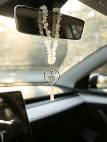 1pc Natural White Crystal Beaded Cross Heart Frame Car Rearview Mirror Hanging Ornament, Religious Faith Auto Interior Decor Charm - A - View 4
