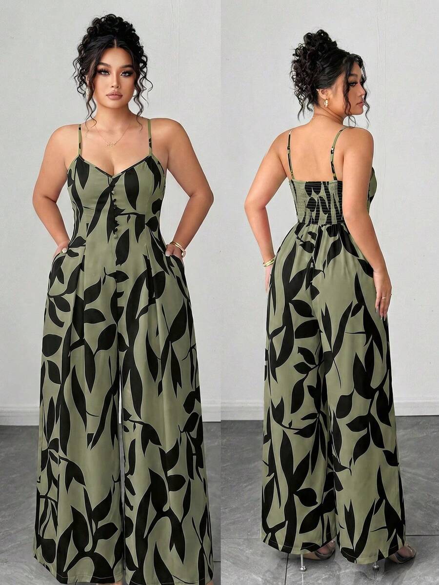 Mono elegante de talla grande para mujer con pantalón plisado a la cintura y correa con botones, para primavera/verano - Verde Oscuro - Ver 1