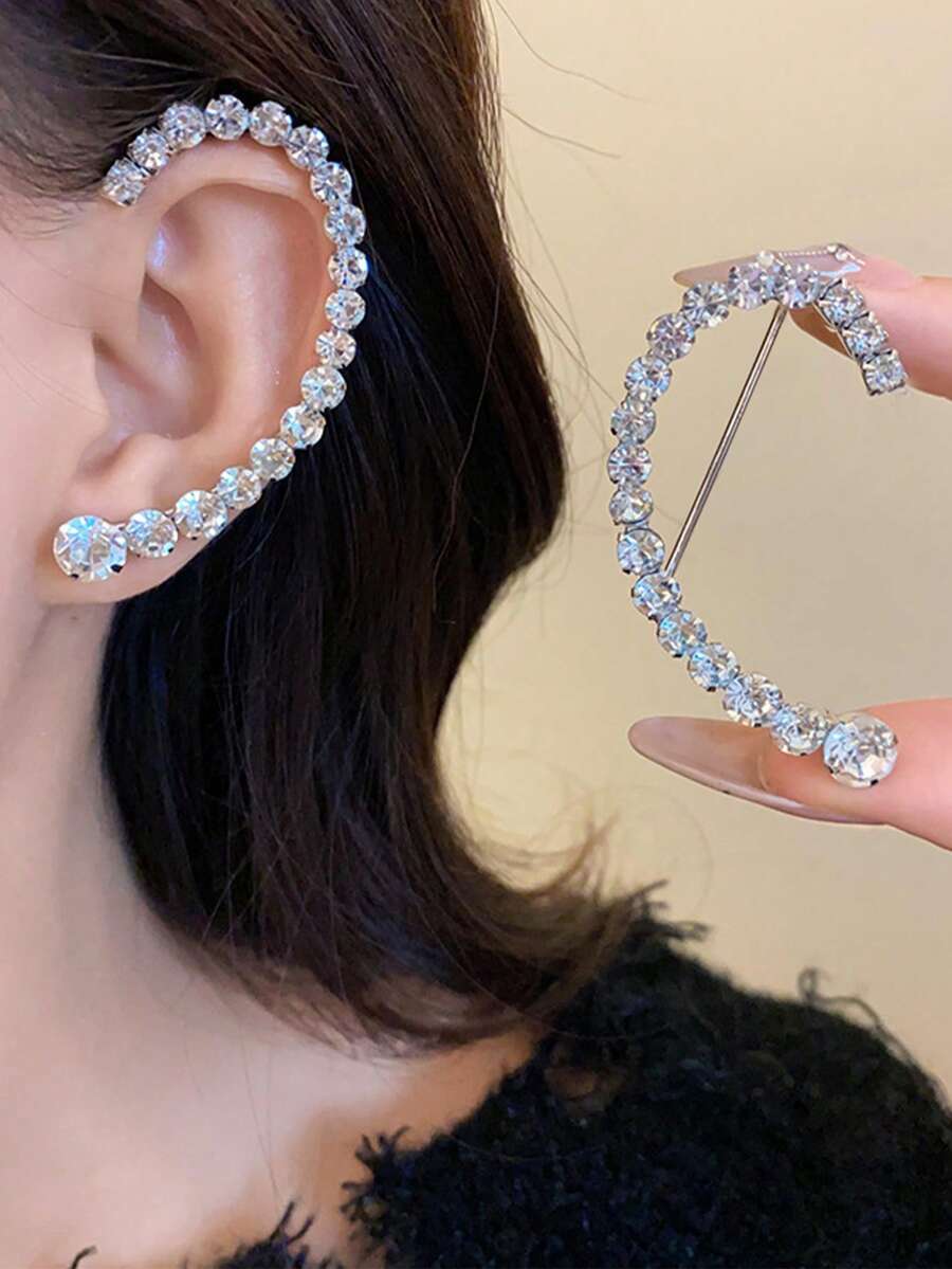 2pcs/Set Geometric Crystal Earrings, Fashionable Single Curved Crystal Dangle Earrings - Silver - View 1