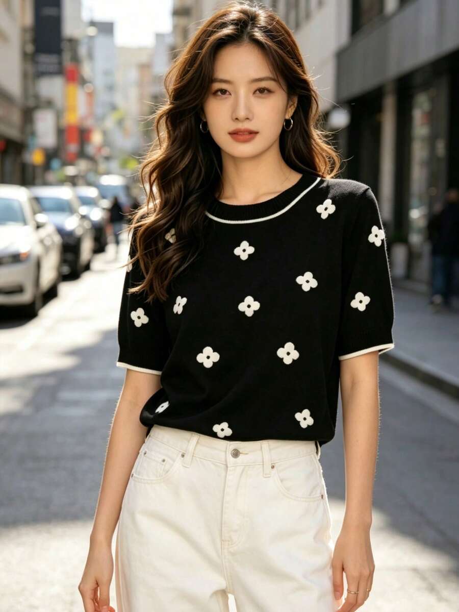 New Arrival Floral Round Neck Loose Short Sleeve Knit Top Casual Vacation Black Summer - Black - View 1