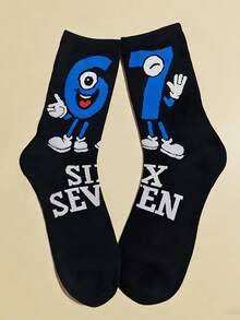 1/3/10 Pairs Women's Cartoon Mid-Calf Socks With 67 Number Pattern, Fashion Hip-Hop Design, American Vintage Style, Unisex - Black - View 7