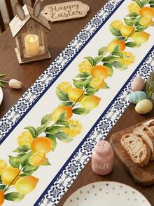 1 Pc Lemon And Floral Print Table Runner Farmhouse Style Polyester Rectangle Wrinkle Resistant Non Slip Table Runner For Dining Room Kitchen Summer Decor - Yellow - View 4