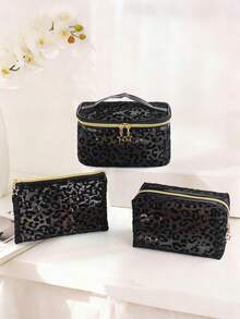 3pcs Large Capacity Fashionable Minimalist Transparent Hollow Mesh Makeup Bag Suitable For Travel, Outings And Home Use - Black - View 10