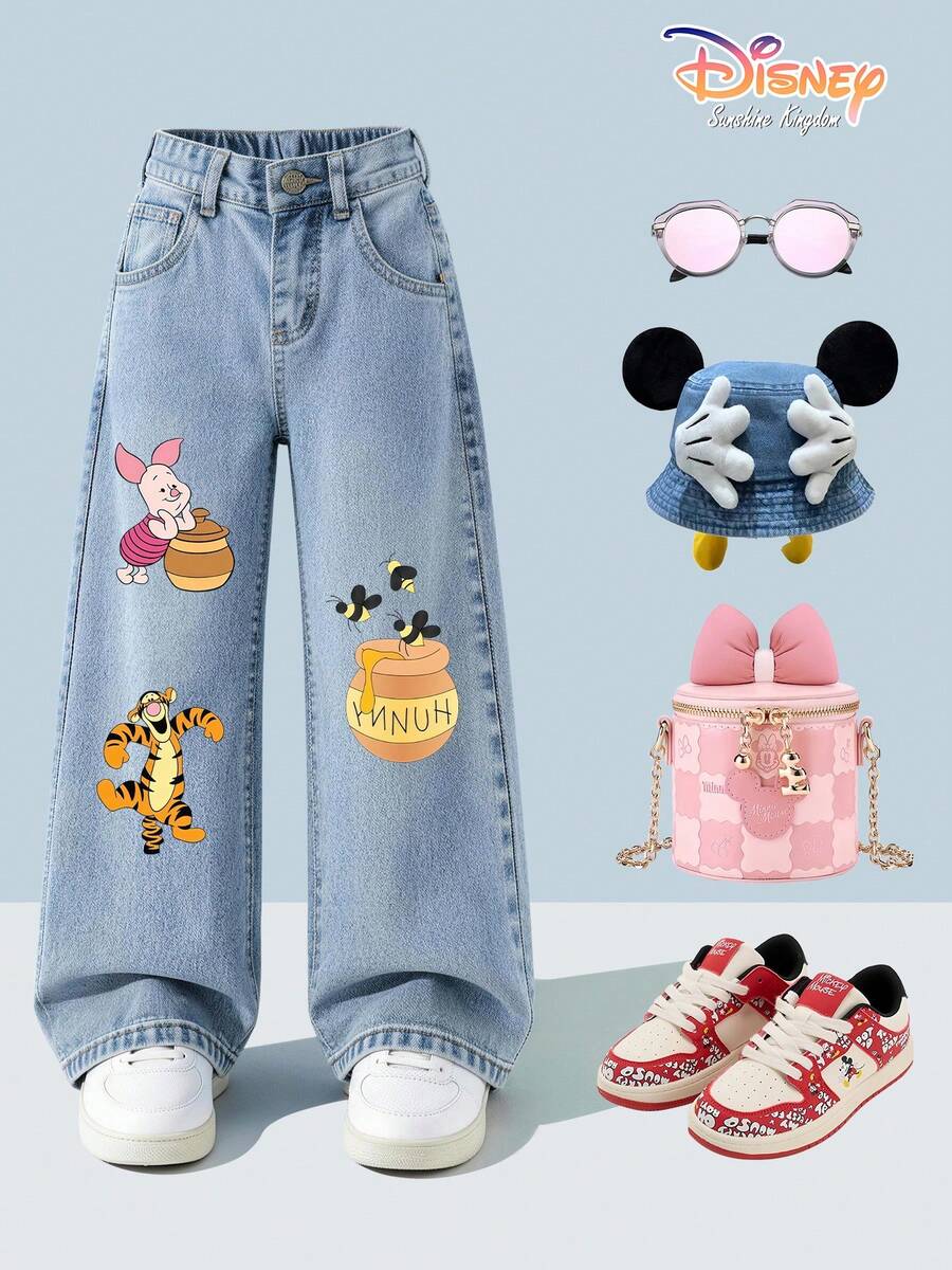 Disney Winnie The Pooh Girls Wide Leg Jeans, Loose Light Wash Denim Pants With Piglet, Tigger, Honey Pot & Bee Cartoon Print,  Children's Day Gifts - 藍色 - 查看 1