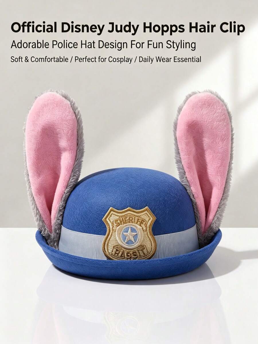 Disney 迪士尼動物方舟朱蒂·霍普斯蝴蝶結裝飾警帽，57cm毛絨兔耳警徽服裝帽，適合主題樂園Cosplay與日常穿著 - A - 查看 1