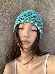 Women's Star Hollow Purple Knit Beanie, Vintage Versatile Handmade Crochet Head Wrap, Thin Face-Slimming Slouchy Beanie, Spring/Summer Macaron Color Pullover Hat, Fashionable Sun Protection Head Scarf - Starfish Decorations - View 1